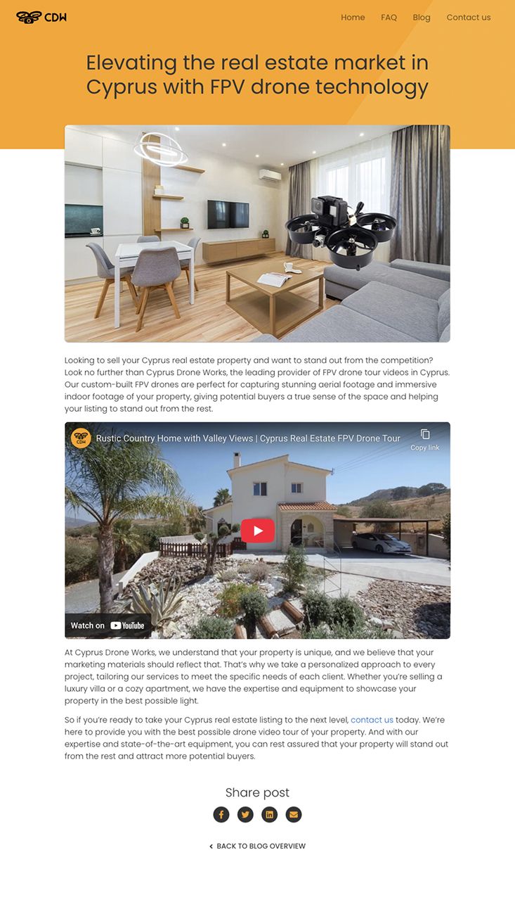 Blog post page featuring informative content about FPV drone technology and its benefits for real estate marketing.