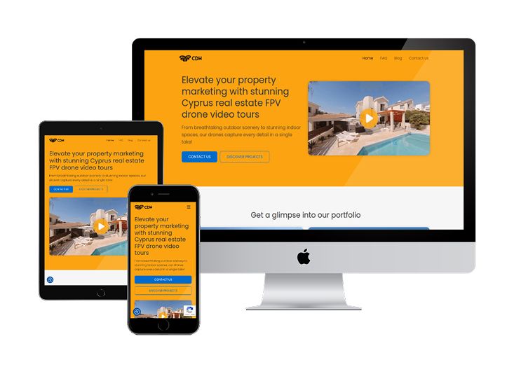 Cyprus Drone Works website displayed on desktop, tablet, and mobile screens, demonstrating its responsive layout.
