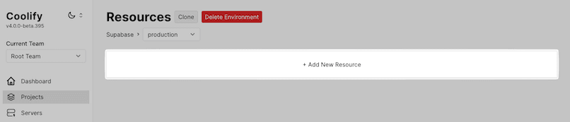 Screenshot of the Coolify dashboard with the '+ Add New Resource' button highlighted, allowing users to add a new resource to the selected project.