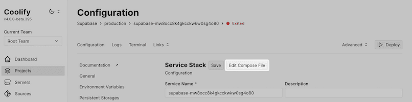 Screenshot of the Coolify project configuration, focusing on the 'Edit Compose File' button for customizing service settings.