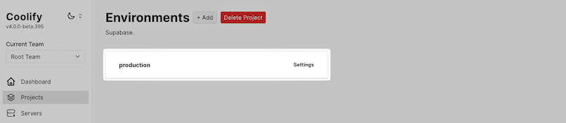 Screenshot of Coolify's environment selection screen, allowing the user to choose or create an environment for the new project.