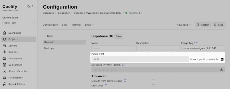 Screenshot of the Coolify service settings page for Supabase PostgreSQL, showing options to set the public port and make the database publicly available.