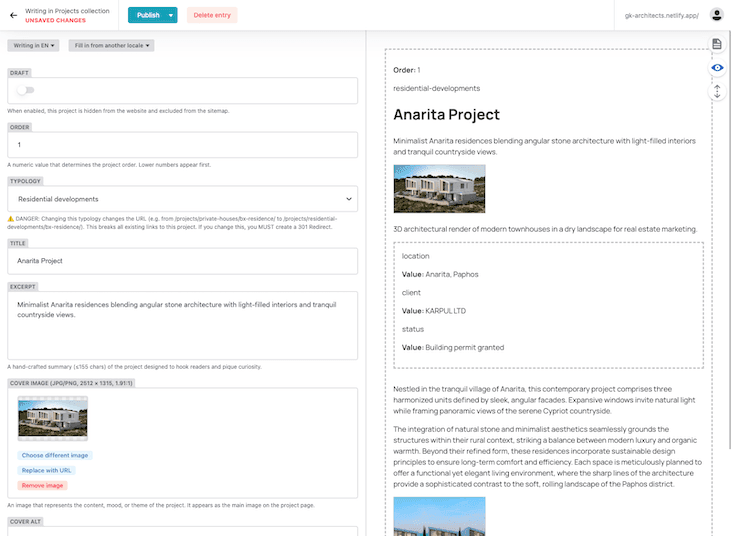 Decap CMS admin interface showing custom field validations. Helper text displays strict character limits, explicit aspect ratio requirements for images, and a prominent technical warning regarding URL routing changes.