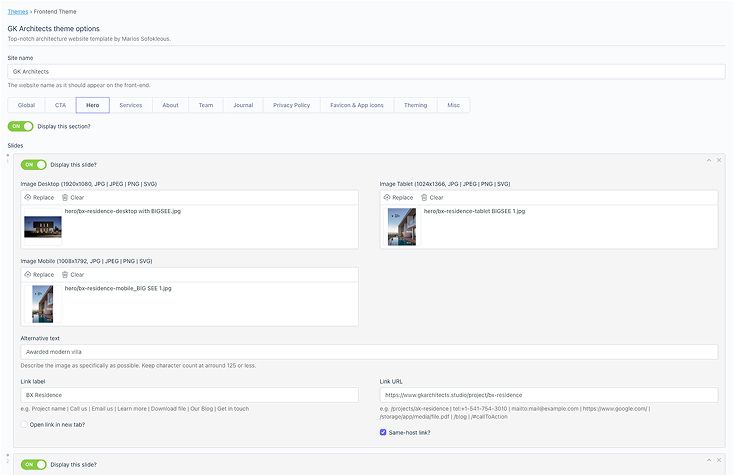 Content management dashboard in October CMS for editing the homepage, journal, portfolio, and leads, with options for metadata and analytics integration.