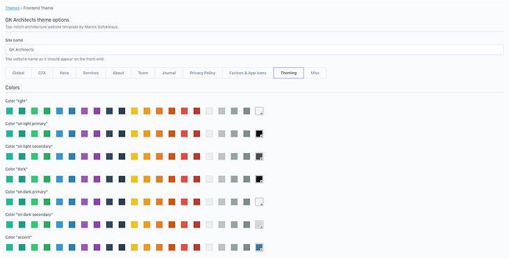 October CMS backend interface for customizing the site’s color scheme and adjusting responsive font sizes.