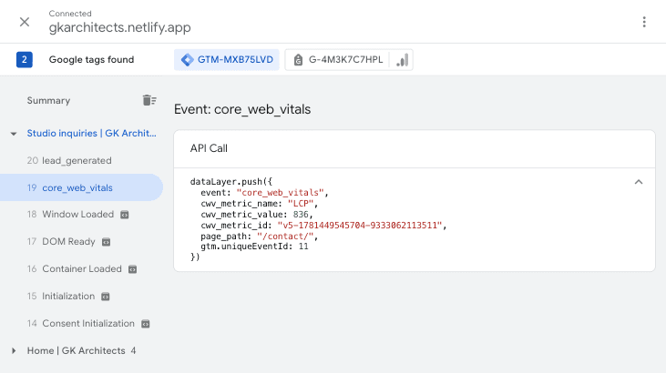 Google Tag Manager preview mode interface showing the core_web_vitals custom event firing. The dataLayer payload reveals the Largest Contentful Paint (LCP) metric value captured from the live browser.