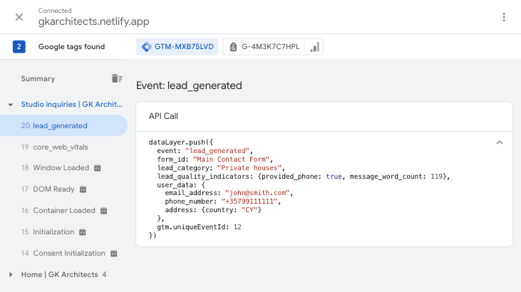Google Tag Manager preview mode interface showing the lead_generated custom event firing after a contact form submission. The dataLayer payload reveals the structured payload containing lead parameters.