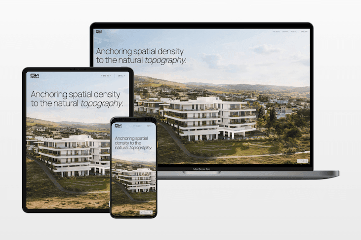 Minimalist device mockup featuring desktop, tablet, and mobile viewports displaying the GK Architects homepage. The screens highlight art-directed architectural 3D renders, generous negative space, and strict editorial typography.