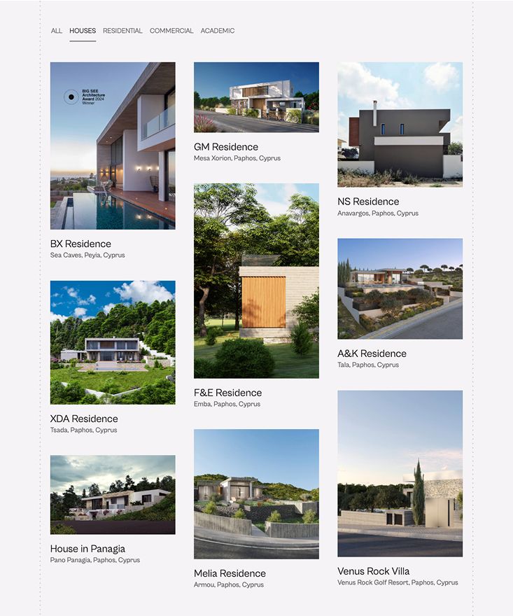 AJAX-powered masonry portfolio gallery with category filters, showcasing architectural projects in a visually balanced grid.