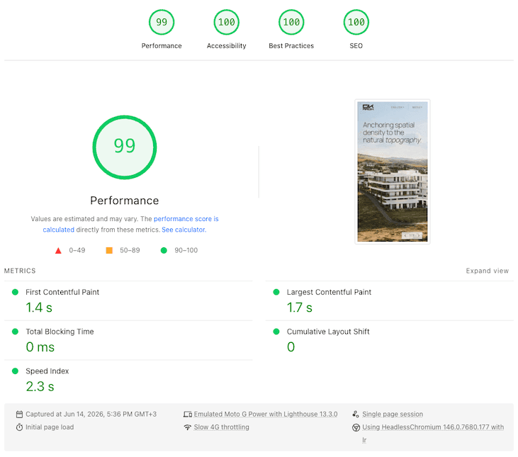 PageSpeed Insights mobile audit for the GK Architects homepage, showing a 99 Performance score and perfect 100s for Accessibility, Best Practices, and SEO.