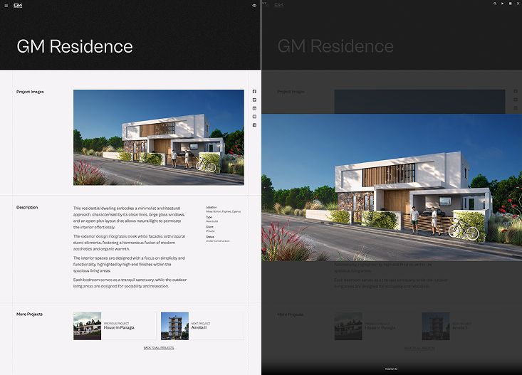 Project detail page featuring a lightbox image gallery, rich text description, project metadata, social share buttons, and related projects section.