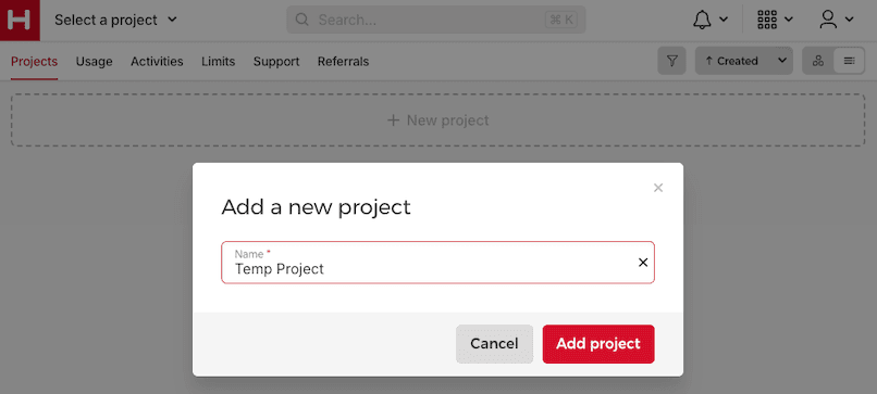 Screenshot of the Hetzner Cloud Console showing the interface for adding a new project, with a field to enter the project name.