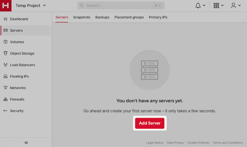 Screenshot of the Hetzner Cloud Console displaying the