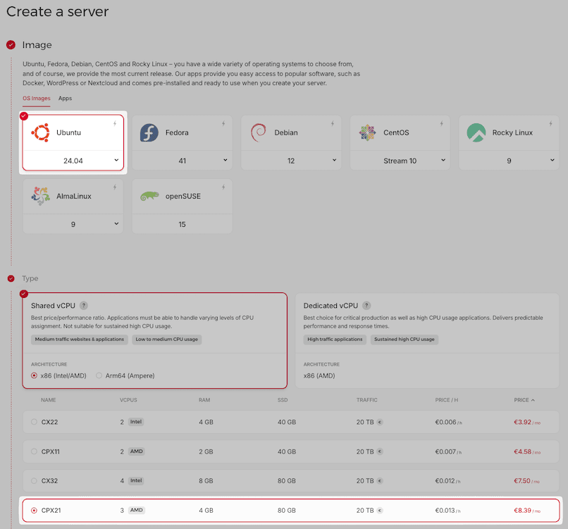 Screenshot of the Hetzner Cloud server creation screen, highlighting selected server specifications such as CPU, RAM, storage, price and the chosen Ubuntu OS image.