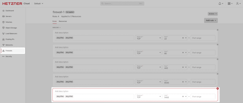 Screenshot of the Hetzner Cloud firewall configuration screen, displaying inbound rules for allowing traffic on specific ports such as 5432 for PostgreSQL.