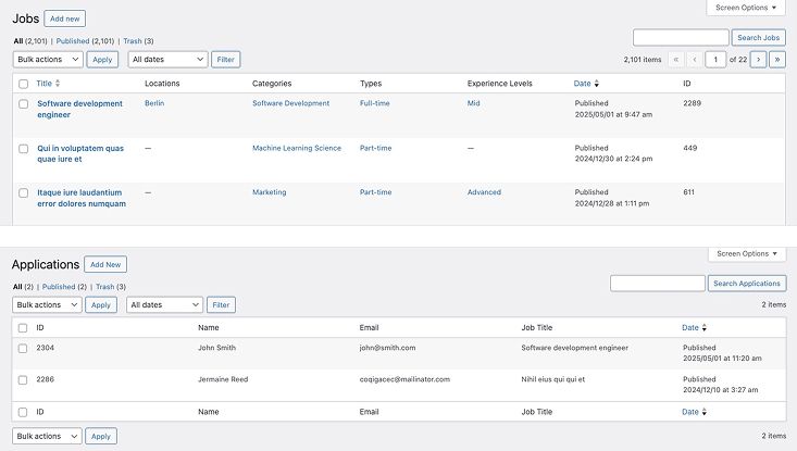 Admin dashboard pages for managing job listings and candidate applications.