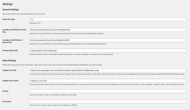 Admin settings page for configuring items per page, reCAPTCHA, fonts, and colors.