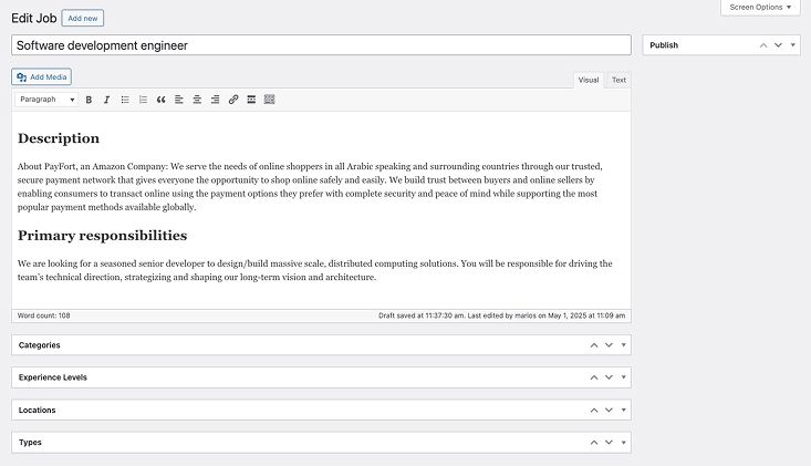 Admin interface for editing job listing details and descriptions.