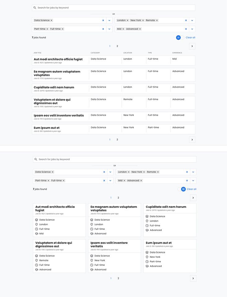 Job listings displayed in both list and grid layouts with the toggle switch visible.