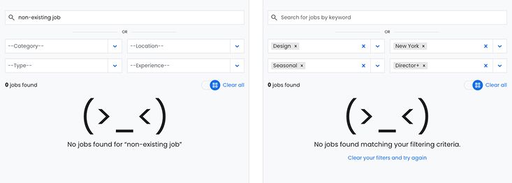 User interface showing different messages when no job listings match the search term on the left and when no listings match the selected filters on the right.
