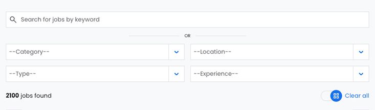 JobLister job board interface showing keyword search and filter options for job listings.