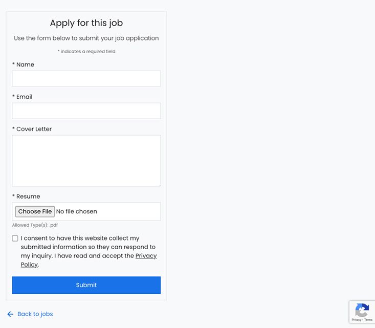 Job application form with required fields and Google reCAPTCHA security feature.