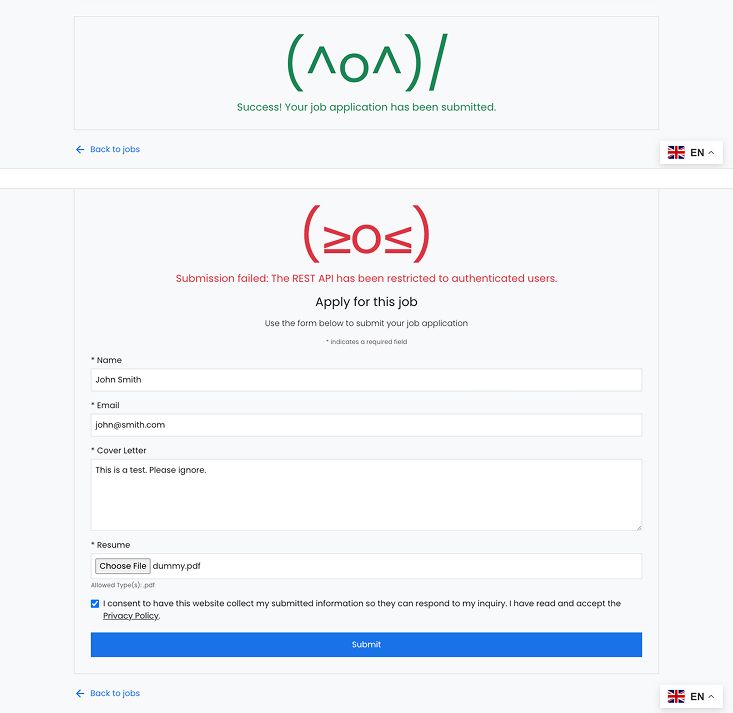 Success and error messages displayed after job application submission.