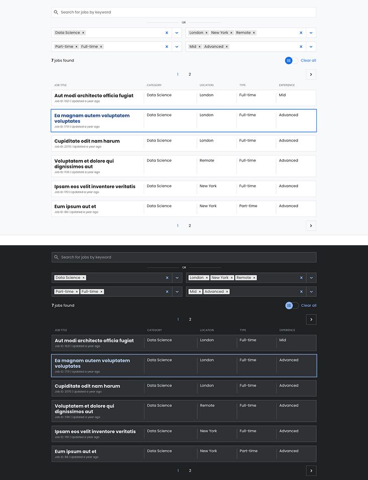 Job listing page displayed in two different color themes, with one theme at the top and another at the bottom, illustrating customization options.