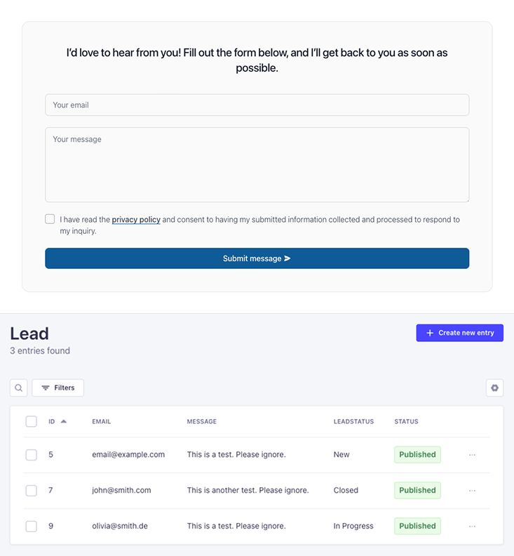 Top: contact form UI; bottom: backend lead management dashboard with submitted entries.