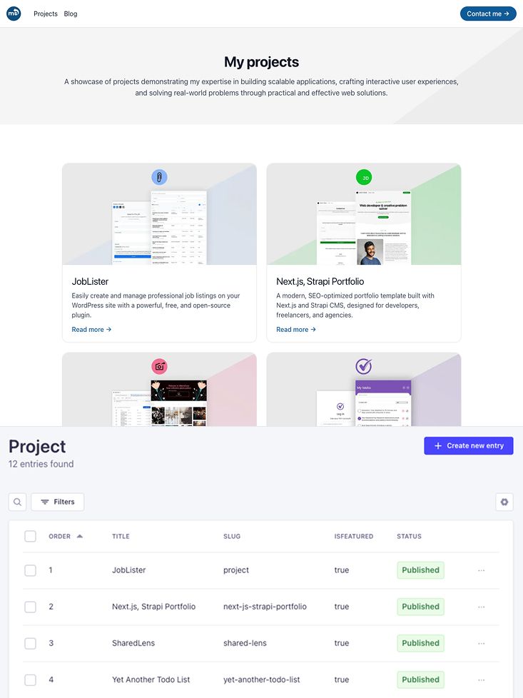 Top: project listing page with a two-column grid of project cards; bottom: backend project management dashboard displaying a list of projects.