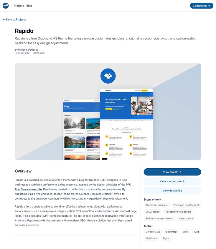 Project details page with a large banner image, rich description, and a sidebar featuring quick access links, scope of work, and toolset.