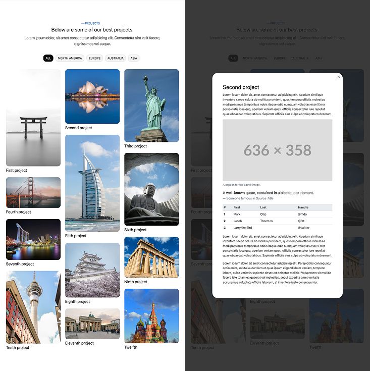 Masonry grid of projects and category filters on the left, and an open modal dialog showing project details on the right.
