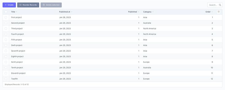 Dashboard interface for searching, ordering, and managing all portfolio projects in October CMS.