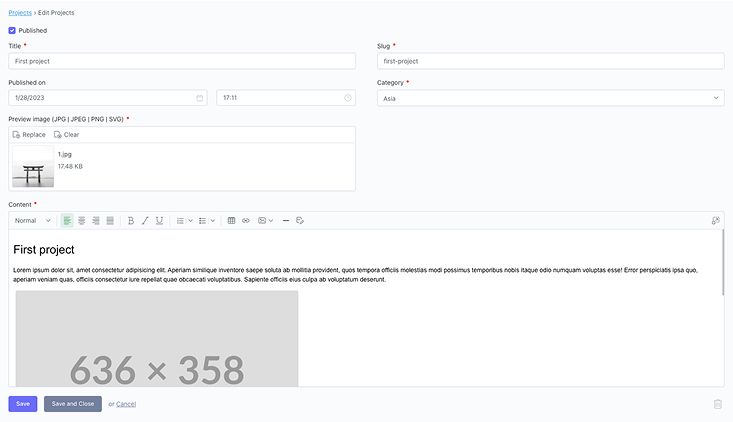Backend form in October CMS for editing the details of an individual portfolio project.