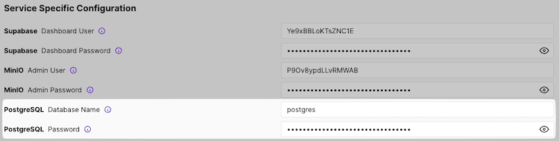 Screenshot of the Coolify dashboard's 'Service Specific Configuration' area, showing PostgreSQL database name and password details.