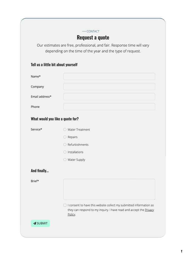 Contact form with clear headings, dropdown menus for selecting services, and a GDPR consent checkbox, enabling users to request quotes or make inquiries easily.