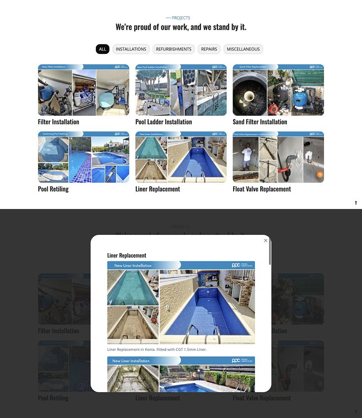 Interactive projects gallery displaying completed pool service projects in a grid layout, with each project opening a lightbox modal for more images and descriptions.