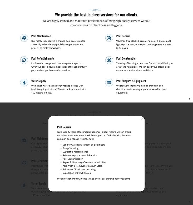 Homepage services section with organized, clickable service cards that open detailed dialogs, allowing visitors to easily explore all pool services offered.