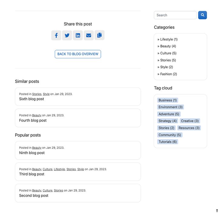 Blog interface highlighting social share links, related posts, popular posts, search bar, categories, and tags.