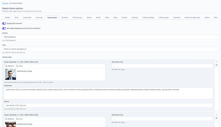October CMS backend interface for managing homepage, blog, portfolio, and leads, including metadata and analytics settings.
