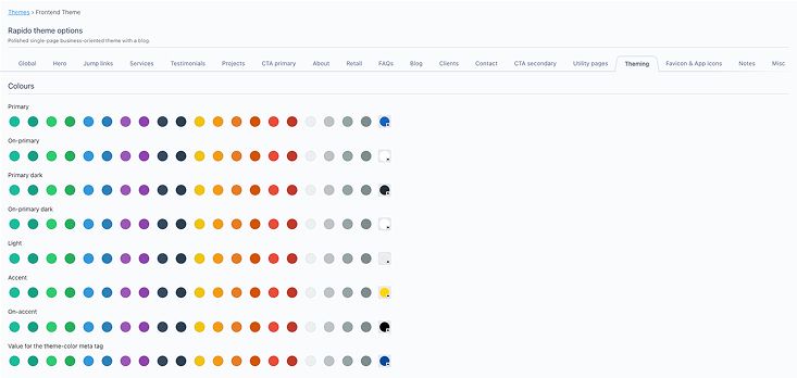 Theme customization tab in October CMS backend with options for colors, Google Fonts, and component shapes.