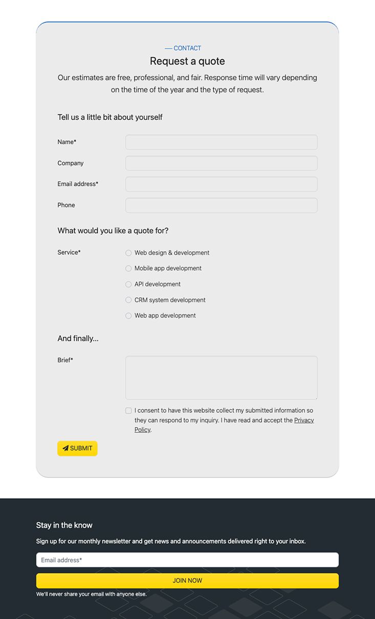 Contact and newsletter subscription forms for submitting inquiries and subscribing to updates.