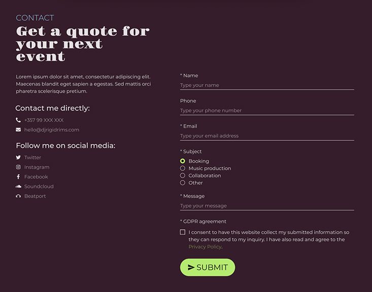 Contact section with a prominent booking form, direct contact details, and social media links for event inquiries and collaborations.