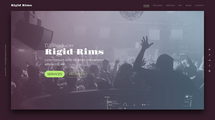 Hero section featuring the DJ's stage name, tagline, and call-to-action buttons over a vibrant background image of a live performance.