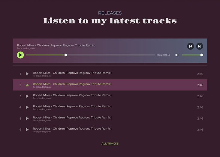 Spotify-inspired playlist interface allowing visitors to preview music tracks directly on the landing page.