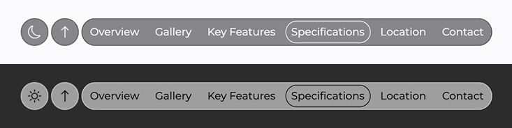 Floating menu overlay with quick navigation links, dark and light mode toggle, and back-to-top button.