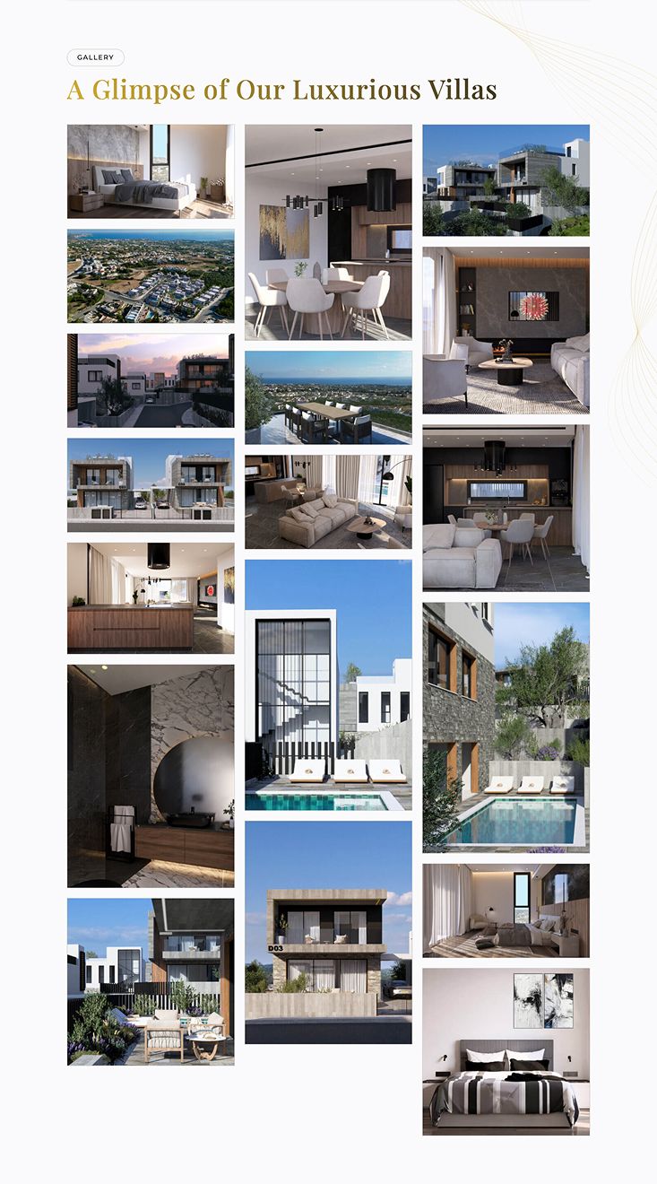 Masonry gallery of high-end architectural renderings showcasing the design and features of Sentiero Luxury Villas.
