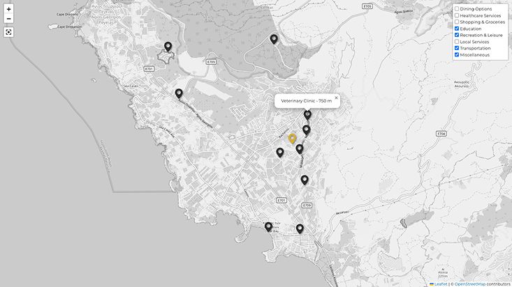 Interactive map highlighting the villa plot location and nearby amenities, with category filters and distance information.