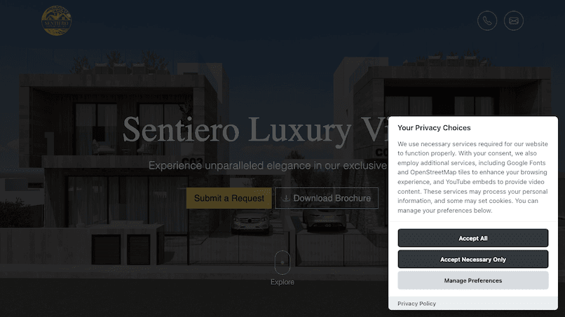 The consent modal presents privacy choices, including options to accept all services, accept only necessary services, or manage preferences, with a link to the privacy policy.