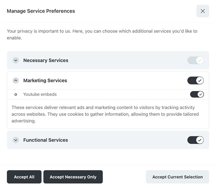 Consent preferences modal with options to manage privacy settings and enable or disable services.